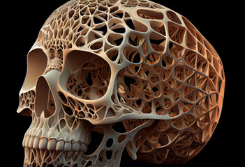 Poster - A complex, multi-layered pattern of interlocking shapes that resembles a human skull.  Generative AI technology.
