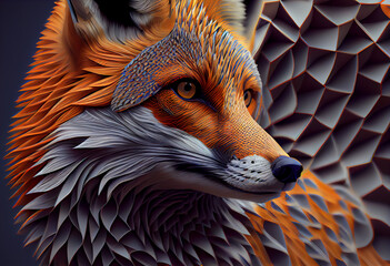 Poster - A complex, multi-layered pattern of interlocking shapes that resembles a fox face.  Generative AI technology.
