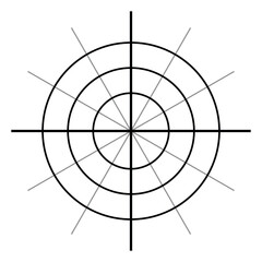 Poster - Polar coordinate system in mathematics. Polar grid with different angles. Three concentric circles.