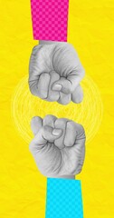 Wall Mural - Modern loop collage animation. Two fist on abstract background. Vertical 4k video