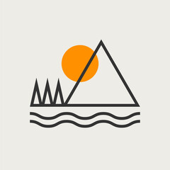 Wall Mural - Camping logo, mountain, river and sun