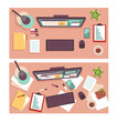 © YummyBuum - Top view of dirty and clean office workers desk. Working process, computer, stacks of documents and stationery tidy and messy. Office workspace, cartoon flat illustration. Vector set