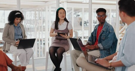 Canvas Print - Business team, meeting and laptop technology while talking and having discussion about ideas, project research and innovation at creative startup. Men and women speaking about collaboration on design