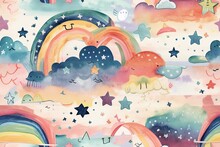 Boho Kids' Seamless Pattern. Rainbows, Stars, And Hearts. Wallpaper, Textile, Print, Packaging, Baby Room, And Infant Design. Generative AI