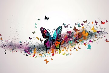 Colorful music notes with butterflies isolated vector illustration. Music background for poster, brochure, banner, flyer, concert, music festival, Generative AI