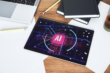 Poster - Top view of modern digital tablet screen with creative artificial Intelligence abbreviation. Future technology and AI concept. 3D Rendering
