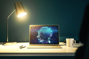 Aufkleber - Creative artificial Intelligence concept with human head sketch on modern computer monitor. 3D Rendering