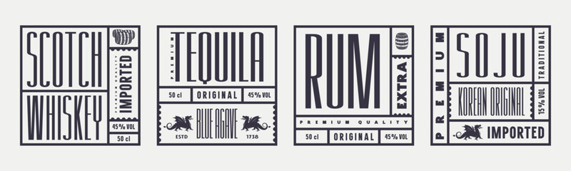 Wall Mural - Set of template square label for whiskey, soju, tequila and rum