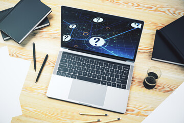 Aufkleber - Creative concept of question mark illustration on modern laptop screen. FAQ and search concept. 3D Rendering