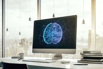 Aufkleber - Modern computer display with creative human brain microcircuit. Future technology and AI concept. 3D Rendering