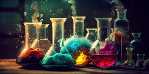 A group of colorful flasks filled with liquid. Brilliant Colors of Chemistry. Art of Chemistry of laboratory chemical. Generative AI