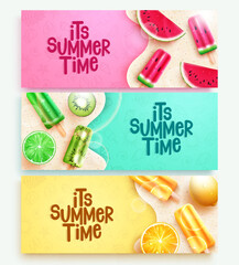 Wall Mural - summer time vector set. summer time greeting text with slice fruits and popsicle element. vector ill