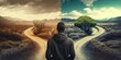 © Summit Art Creations - Man at two roads deciding for best chance of environment protection. superlative generative AI image.