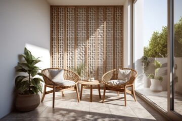 Poster - Contemporary apartment balcony with picture frames on the wall, tiled floor, wooden chairs, and star cushions. Generative AI