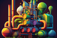 Abstract Illustration Of A Chemical Refinery Plant With Colorful Pipes And Valves Representing Different Chemical Products, Generative Ai