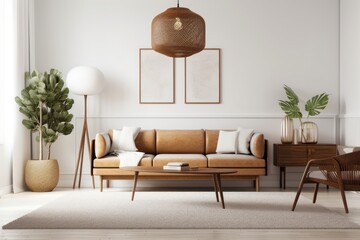 Sticker - Brown couch, lamp, plant, and table in white living room. Generative AI