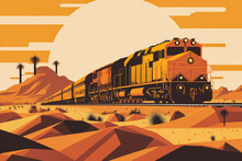 Cargo Train Hauling Goods Across A Desert Landscape, Generative Ai