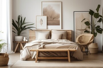 Canvas Print - Mock up frame in beige bedroom with natural wooden furnishings. Generative AI