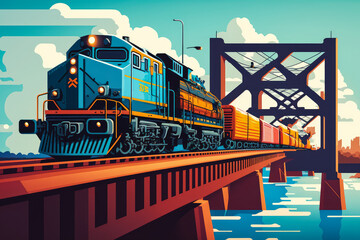 Wall Mural - Cargo train carrying goods over a bridge spanning a wide river, generative ai