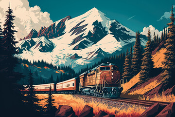 Wall Mural - Cargo train passing through a scenic mountain landscape, generative ai