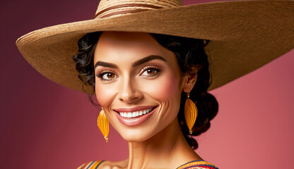 Young Mexican beautiful happy smiling woman in sombrero. Isolated on solid color studio background. Generative AI