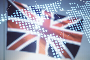 Poster - Abstract virtual world map with connections on flag of Great Britain and sunset sky background, international trading concept. Multiexposure
