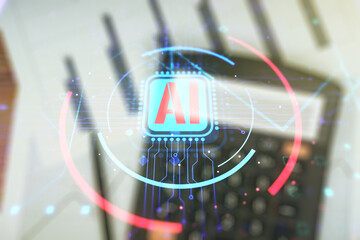 Poster - Double exposure of creative artificial Intelligence abbreviation hologram on calculator and papers background. Future technology and AI concept
