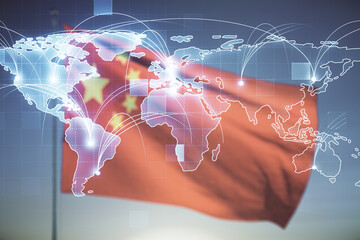 Poster - Abstract graphic digital world map hologram with connections on Chinese flag and blue sky background, globalization concept. Multiexposure