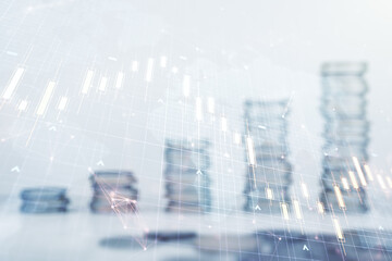 Poster - Multi exposure of virtual abstract financial chart hologram and world map on growing stacks of coins background, research and analytics concept