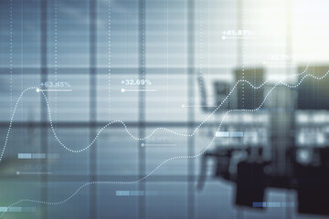 Poster - Multi exposure of abstract virtual graphic data spreadsheet sketch on a modern furnished classroom background, analytics and analysis concept