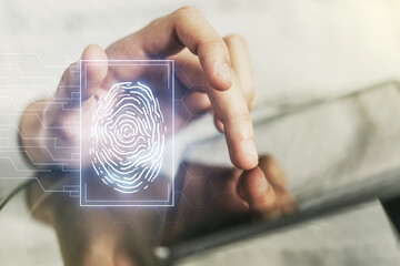 Aufkleber - Abstract creative fingerprint illustration with finger clicks on a digital tablet on background, personal biometric data concept. Multiexposure