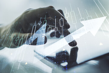 Poster - Double exposure of abstract creative financial diagram with upward arrow and finger clicks on a digital tablet on background, growth and development concept