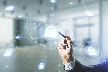 Poster - Man hand with pen draws virtual creative lock symbol and microcircuit illustration on blurred office background. Protection and firewall concept. Multiexposure