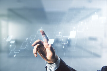 Aufkleber - Multi exposure of trader hand clicks on virtual abstract financial graph interface on blurred office background, financial and trading concept