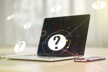 Aufkleber - Creative abstract question mark sketch on modern laptop background, FAQ and research concept. Double exposure