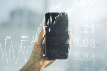 Poster - Multi exposure of abstract creative financial chart and hand with cell phone on background, research and analytics concept