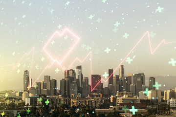 Poster - Abstract virtual heart rate sketch on Los Angeles office buildings background, Medicine and healthcare concept. Multiexposure