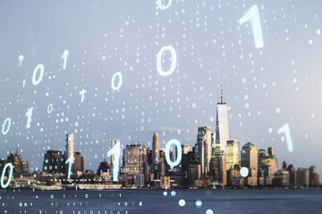 Wall Mural - Double exposure of abstract virtual binary code hologram on New York city skyscrapers background. Database and programming concept