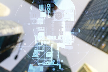 Poster - Double exposure of creative human head microcircuit hologram on blurry cityscape background. Future technology and AI concept
