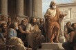 digital illustration of Socrates preaching philosophy in Athens, detailed Parthenon, earthy tones, solemn atmosphere, intense. generative ai