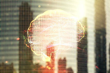 Poster - Double exposure of creative human brain microcircuit hologram on blurry cityscape background. Future technology and AI concept