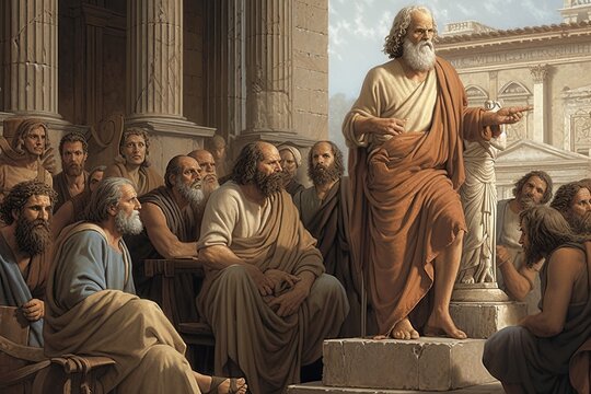 digital illustration of socrates preaching philosophy in athens, detailed parthenon, earthy tones, s