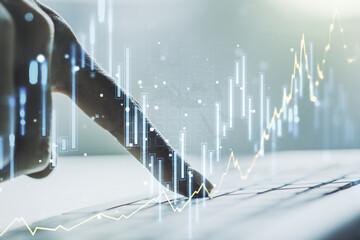 Poster - Multi exposure of abstract creative financial chart with hand typing on computer keyboard on background, research and analytics concept