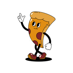 Vector cartoon retro mascot color illustration of walking pizza. Vintage style 30s, 40s, 50s old animation. The clipart is isolated on a white background.