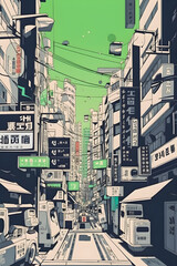 Wall Mural - Anime Japan City retro halftone, anime and manga illustration, Generative AI