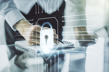 Poster - Creative lock sketch with chip hologram and man hand writing in notepad on background, protection of personal data concept. Multiexposure