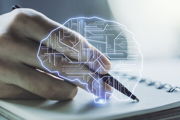 Poster - Creative artificial Intelligence concept with human brain sketch and man hand writing in diary on background. Double exposure