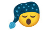 Tired, sleeping cute emoji, emoticon with hat to sleep in. Isolated on white. Vector illustration.