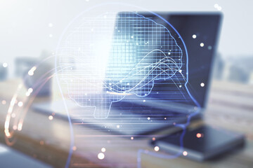 Poster - Double exposure of creative artificial Intelligence symbol and modern desktop with laptop on background. Neural networks and machine learning concept