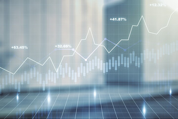 Poster - Multi exposure of virtual abstract financial diagram on contemporary business center exterior background, banking and accounting concept
